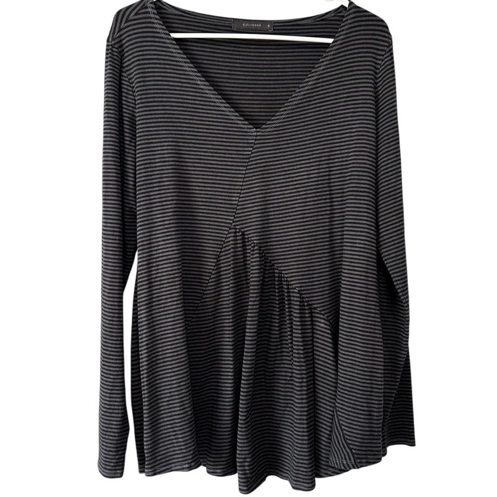 Cut Loose Gray Black Stripe Vneck Long Sleeve Asymmetrical Tunic Blouse Size M